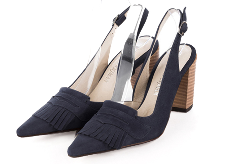 Navy blue women's slingback shoes. Pointed toe. High block heels. Front view - Florence KOOIJMAN
